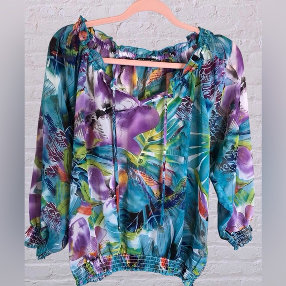Madison Paige Womens Tropical Flower Top Size M Beachy Vacation Island vibes - Picture 1 of 5